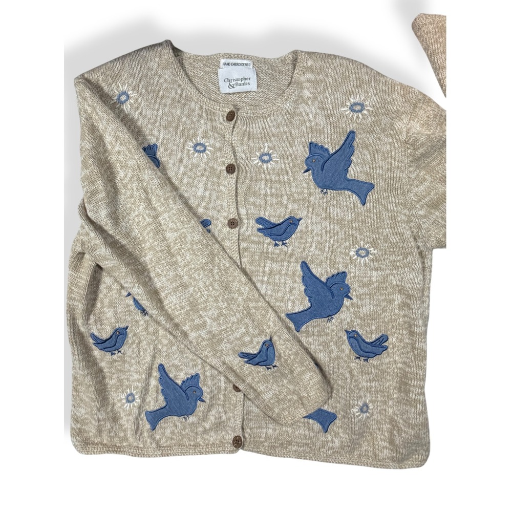Y2K Christopher & Banks Vtg 2001 Blue Bird Embroidered Cardigan Sweater Large - Picture 12 of 13